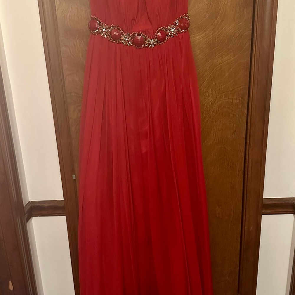 Elegant Red Gown with Embellished Waist